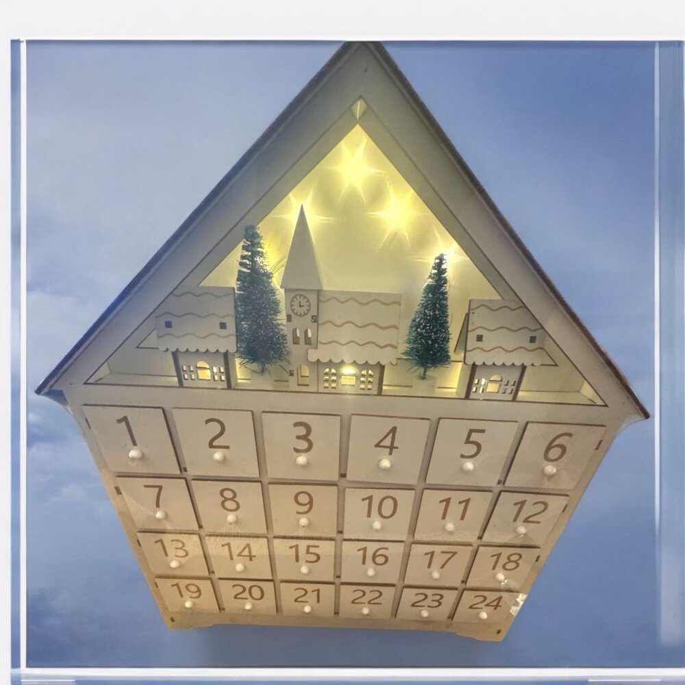 Wooden Light-Up House Advent Calendar With 24 Numbered Drawers & Festive LED Lig - Picture 7 of 7